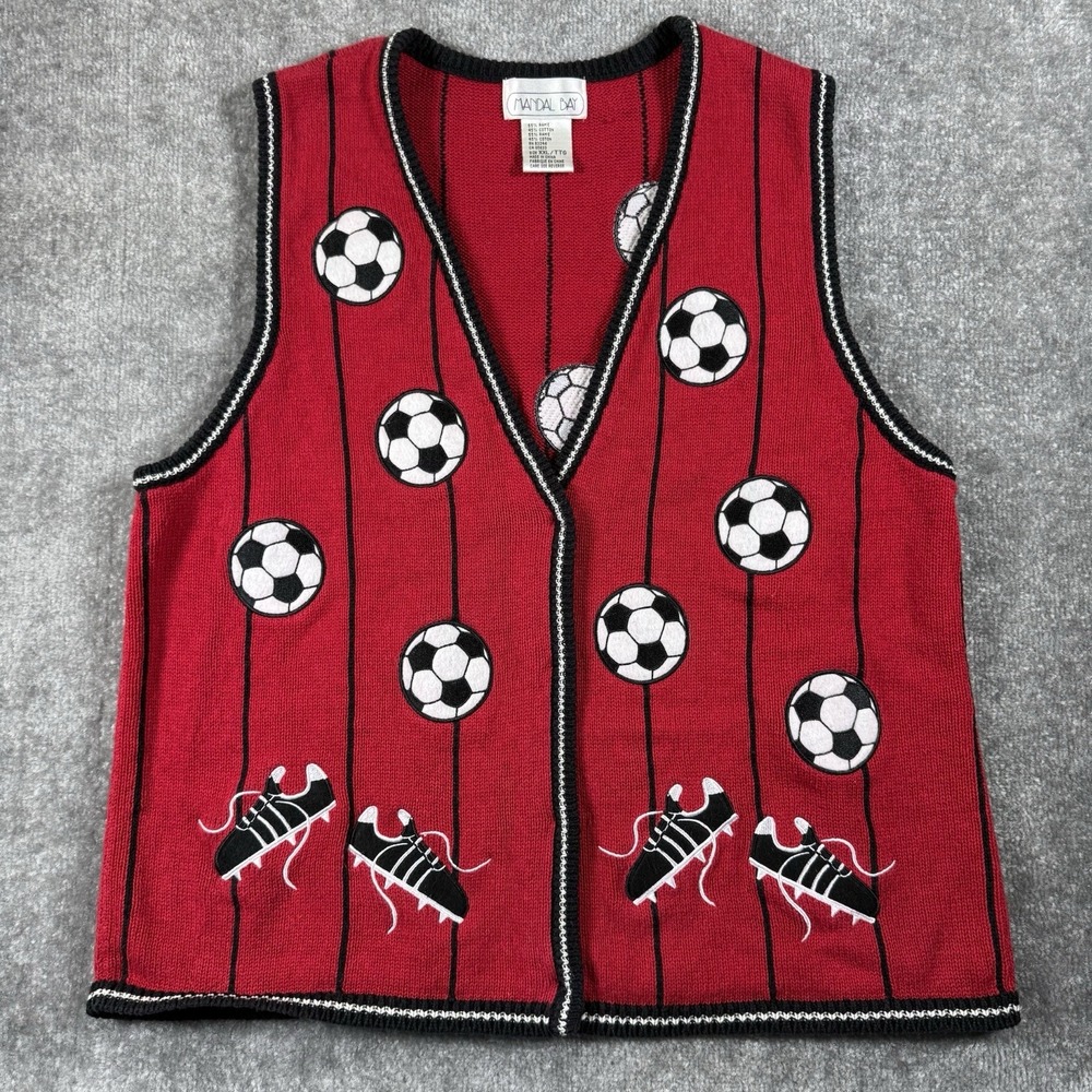 Vintage Mandal Bay Cardigan Women's XXL Red Soccer Ball Cleats Sleeveless
